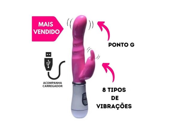 Vibrador RECARREGÁVEL 8 modos de vibração Formato de Coelho Ponto G com Estimulador de Clitoris ZDB-45B - Image 2